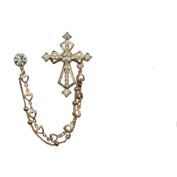 British Style Vintage Crystal Cross Brooch Pin Double Chain Lapel Pins - Picture 5 of 6